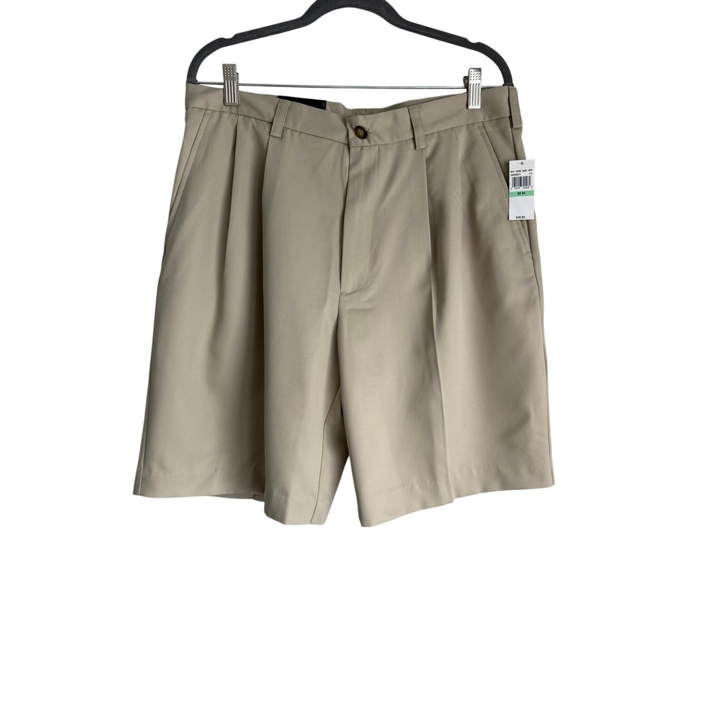 IZOD Golf Mens Pleated Classic Fit Shorts Khaki Tan UPF 50 Wicking 34 NEW